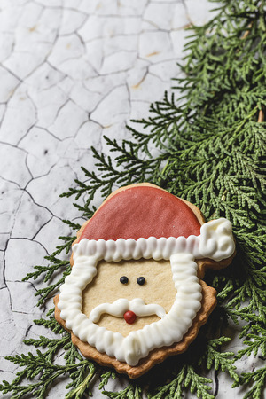 Christmas cookies on wooden table. With Christmas decorations. Copyspaceの写真素材