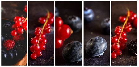 Organic raspberries, blueberries and red berries. On the table. Collageの写真素材
