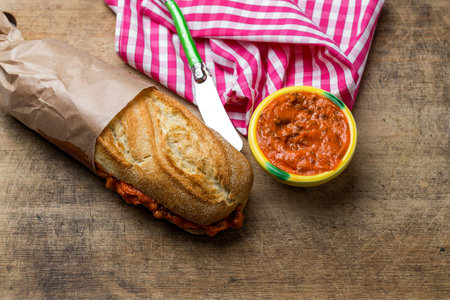 Toasted bread with different pates. Butter. Red butterの写真素材