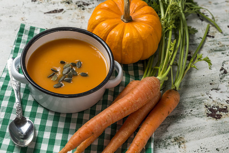 Cream of carrot in bowl. Homemade. Healthyの写真素材