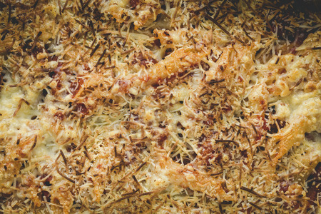 Macaroni with cheese and chorizo. Homemade. Italian pasta. Close upの写真素材