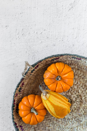 Halloween decoration background on white backghround. Pumpkins. Flat lay. Copyspace