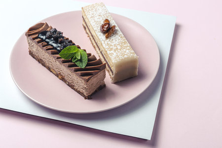 Traditional luxurious French pastries with mint leaves on on colorful background
