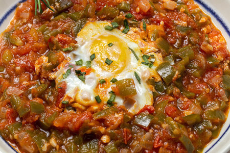 Vegetable dish pisto manchego made of tomatoes, zucchini, peppers, onions with fried egg. Typical Spanish foodの写真素材