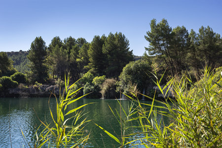Autumn landscape with lake on a sunny dayの写真素材
