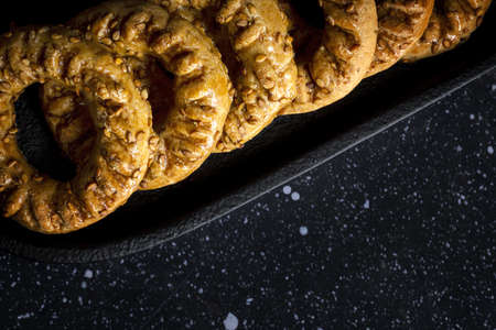 Traditional typical homemade Ramadan kaak sweets on dark background.Typical arabic halal foodの写真素材