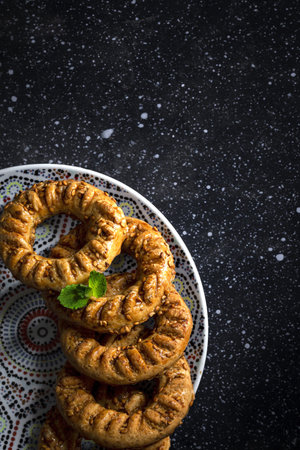 Traditional typical homemade Ramadan kaak sweets on dark background.Typical arabic halal food
