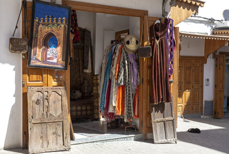 Arabic architecture in the old medina. Streets, doors, windows, details. Tangier, Morocco