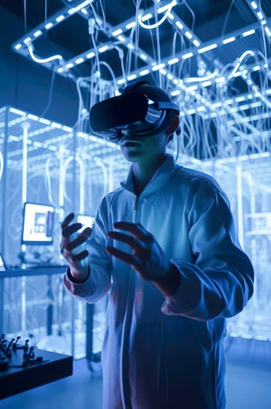 Generative AI illustration of scientist in a futuristic lab using virtual reality to cure disea. Health and research conceptの素材