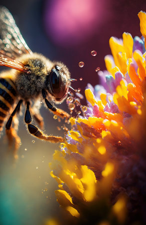 Generative AI illustration of Flying honey bee collecting pollen from flowers to make honey.Closeup conceptの素材