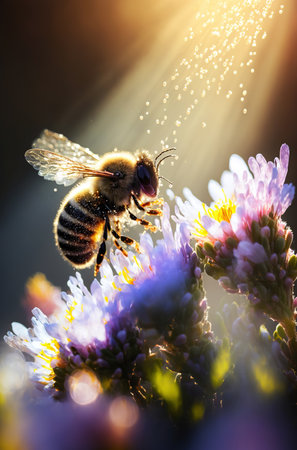 Generative AI illustration of Flying honey bee collecting pollen from flowers to make honey.Closeup conceptの素材