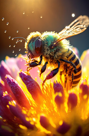 Generative AI illustration of Flying honey bee collecting pollen from flowers to make honey.Closeup conceptの素材