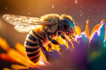 Generative AI illustration of Flying honey bee collecting pollen from flowers to make honey.Closeup conceptの素材
