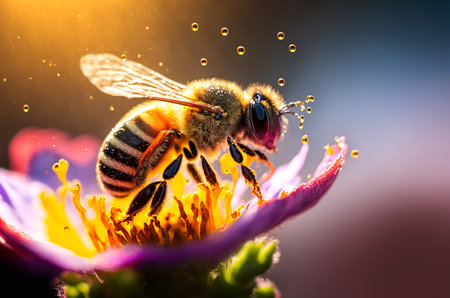 Generative AI illustration of Flying honey bee collecting pollen from flowers to make honey.Closeup conceptの素材