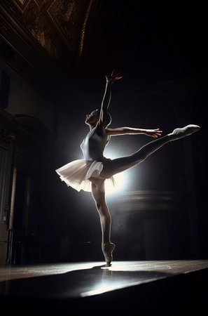 Generative AI illustration of Young and beautiful girl dancing classical ballet on a stage surrounded by colored powders. Classical dance conceptの素材