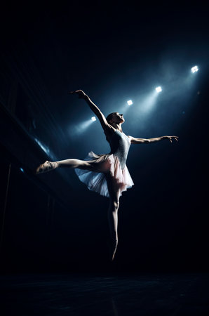 Generative AI illustration of Young and beautiful girl dancing classical ballet on a stage surrounded by colored powders. Classical dance conceptの素材