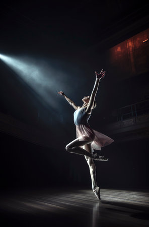 Generative AI illustration of Young and beautiful girl dancing classical ballet on a stage surrounded by colored powders. Classical dance conceptの素材