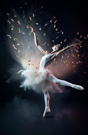 Generative AI illustration of Young and beautiful girl dancing classical ballet on a stage surrounded by colored powders. Classical dance conceptの素材
