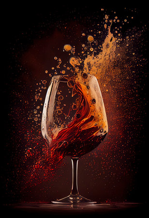 Red wine splashing out of a glass, isolated on black backgroundの素材