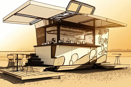 Modern recycled bar with chairs and tables outside on the beach. recycling concept. coffee shopの素材