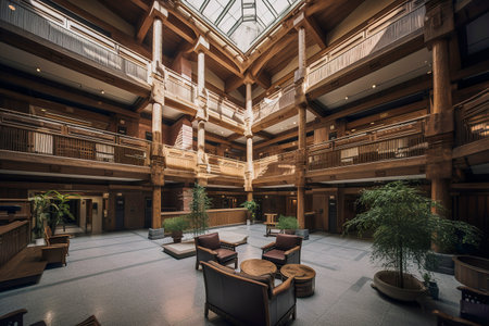 Generative AI illustration of Experimental Architecture Design, massive open atrium, timber frame, grandeur, tall ceilings, natural light, grand scale. Sustainable architecture conceptの素材