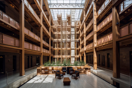Generative AI illustration of Experimental Architecture Design, massive open atrium, timber frame, grandeur, tall ceilings, natural light, grand scale. Sustainable architecture conceptの素材