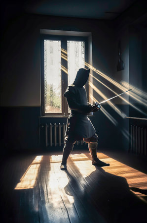 Generative AI illustration of man training fencing in a dark room with rays of light coming through a window. sports conceptの素材