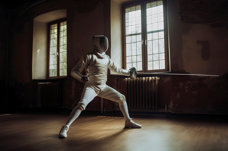 Generative AI illustration of man training fencing in a dark room with rays of light coming through a window. sports conceptの素材