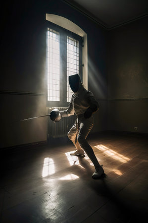 Generative AI illustration of man training fencing in a dark room with rays of light coming through a window. sports conceptの素材