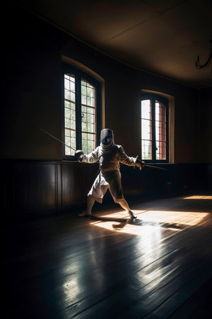 Generative AI illustration of man training fencing in a dark room with rays of light coming through a window. sports conceptの素材