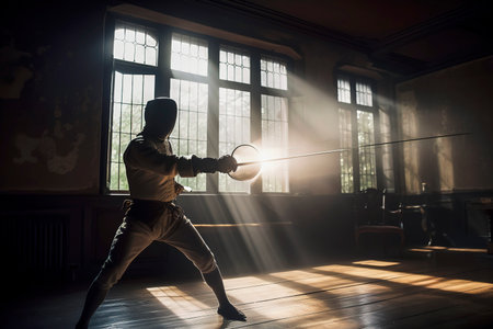Generative AI illustration of man training fencing in a dark room with rays of light coming through a window. sports conceptの素材