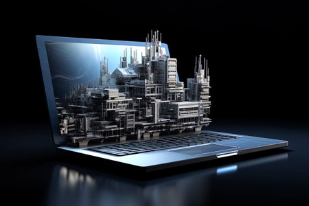 Generative AI illustration of futuristic architecture, digital connection, cloud informations, informations code moves into laptop screen .Building Information Modelingの素材