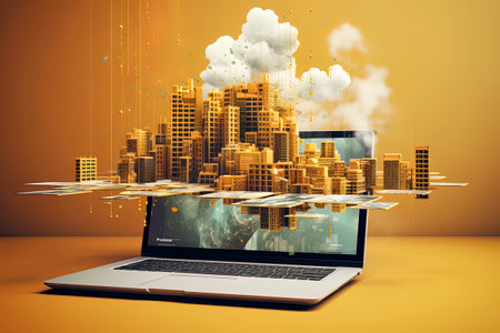 Generative AI illustration of futuristic architecture, digital connection, cloud informations, informations code moves into laptop screen .Building Information Modelingの素材