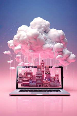 Generative AI illustration of futuristic architecture, digital connection, cloud informations, informations code moves into laptop screen .Building Information Modelingの素材
