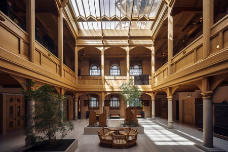 Generative AI illustration of Experimental Architecture Design, massive open atrium, timber frame, grandeur, tall ceilings, natural light, grand scale. Sustainable architecture conceptの素材