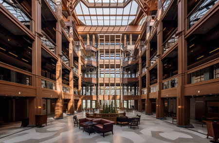 Generative AI illustration of Experimental Architecture Design, massive open atrium, timber frame, grandeur, tall ceilings, natural light, grand scale. Sustainable architecture conceptの素材