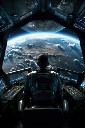 Generative AI illustration of astronaut in a spaceship looking out the window at planet Earth. space researchの素材