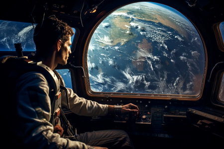 Generative AI illustration of astronaut in a spaceship looking out the window at planet Earth. space researchの素材