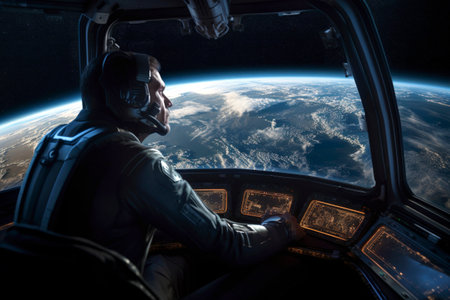 Generative AI illustration of astronaut in a spaceship looking out the window at planet Earth. space researchの素材