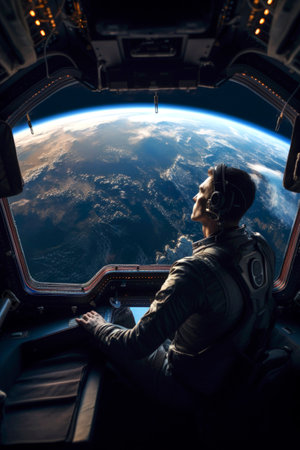 Generative AI illustration of astronaut in a spaceship looking out the window at planet Earth. space researchの素材
