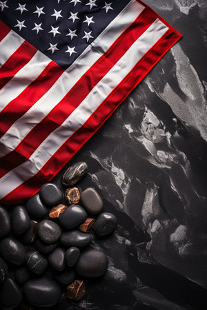 Generative AI illustration of Memorial Day Banner. Premium Holiday Background featuring American Flag on Black Stone with Copy Space.の素材