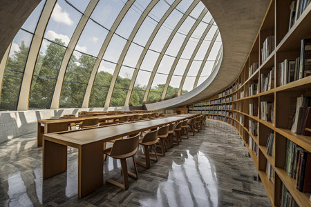 Generative AI illustration of Modern and futuristic recycled wood library with large window overlooking the outside. Teak wood furnitureの素材