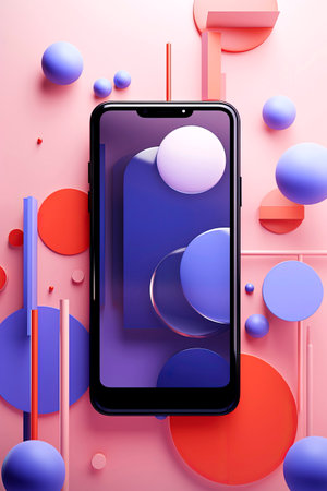 Generative AI illustration of abstract smartphone surrounded by simple geometric figures. digital artの素材