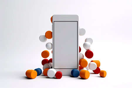 Generative AI illustration of abstract smartphone surrounded by simple geometric figures. digital artの素材