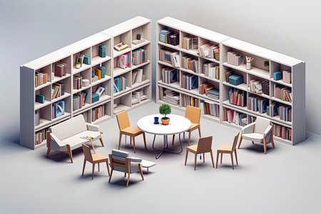 Generative AI illustration of charming bookstore with Showa aesthetics with chairs and tables and plants using an isometric 3D model. School concept. Digital artの素材