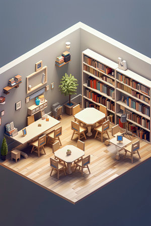Generative AI illustration of charming bookstore with Showa aesthetics with chairs and tables and plants using an isometric 3D model. School concept. Digital artの素材