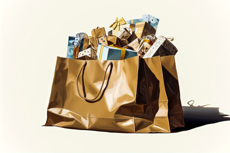Generative AI illustration of Shopping paper bag full of gifts in illustration style. Digital artの素材