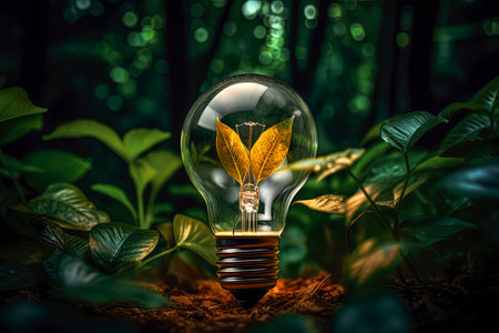 Generative AI illustration of eco light bulb surrounded by forest. Clean energy. environmentの素材