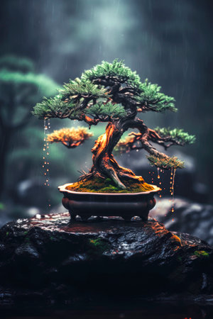 Generative AI illustration of valuable century-old bonsai tree with blurred background. Japanese miniature treeの素材