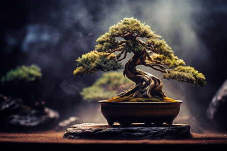 Generative AI illustration of valuable century-old bonsai tree with blurred background. Japanese miniature treeの素材